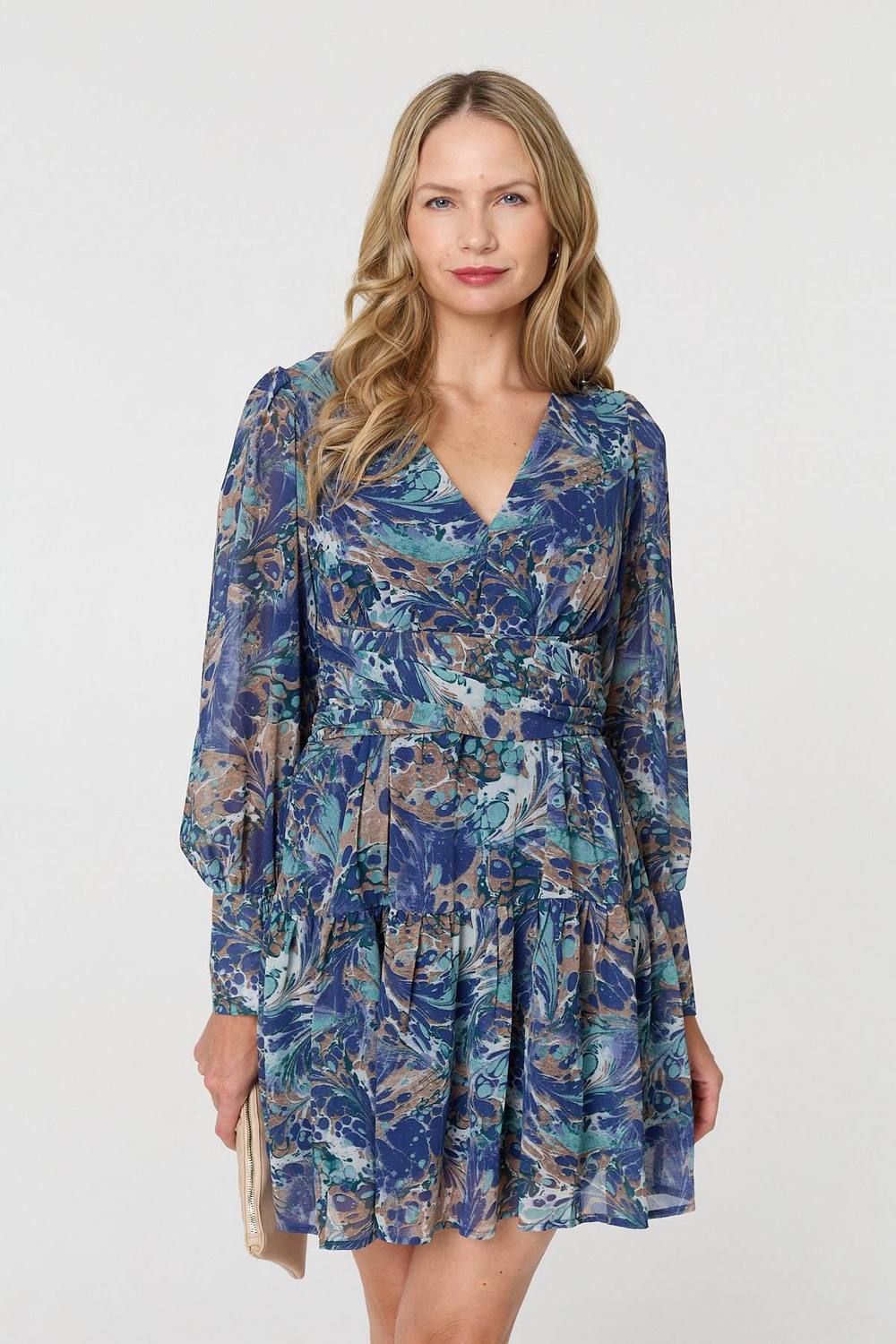 Izabel London Printed Long Sleeve Pleated Short Dress In Blue