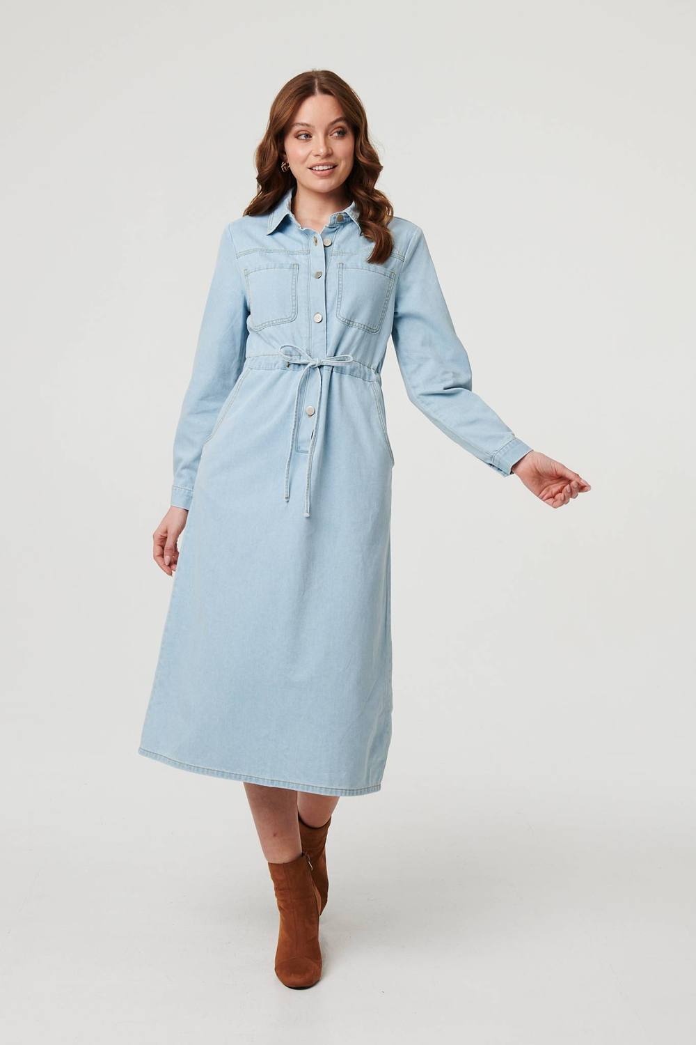 Izabel London Denim Tie Waist Long Sleeve Midi Dress In Blue