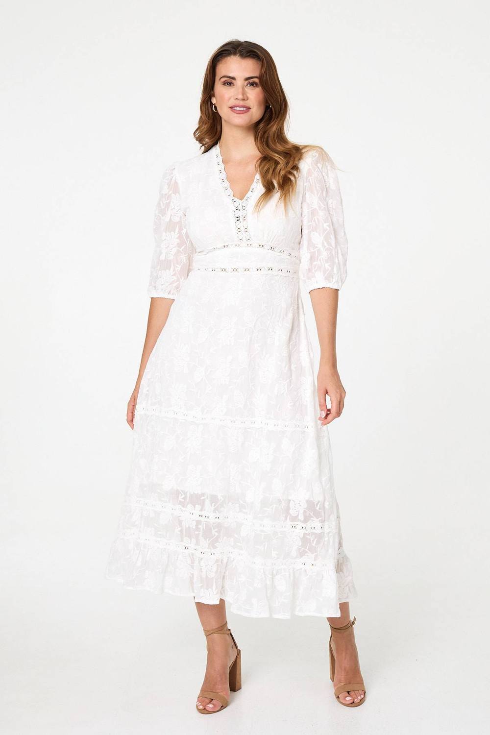 Izabel London Lace Sleeve Tiered Midi Dress In White