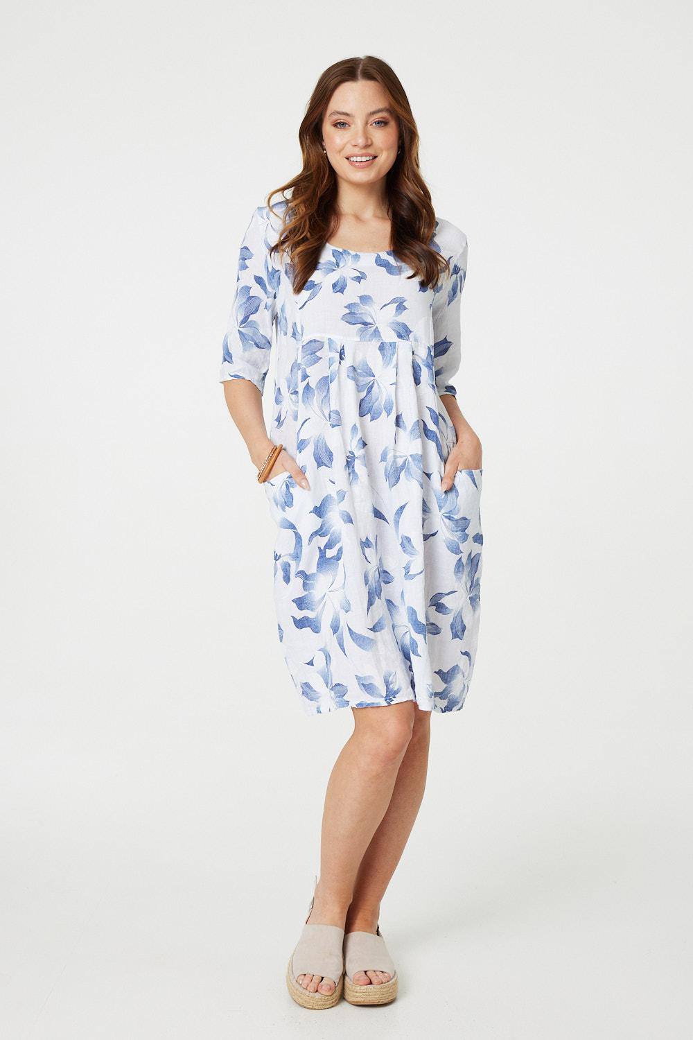 Izabel London Leaf Print Sleeve Knee Length Dress In White