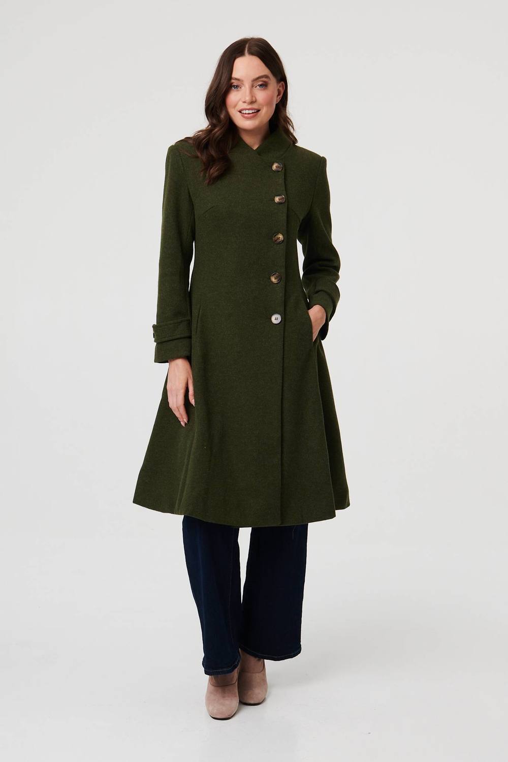 Izabel London Button Front Funnel Neck Coat In Khaki