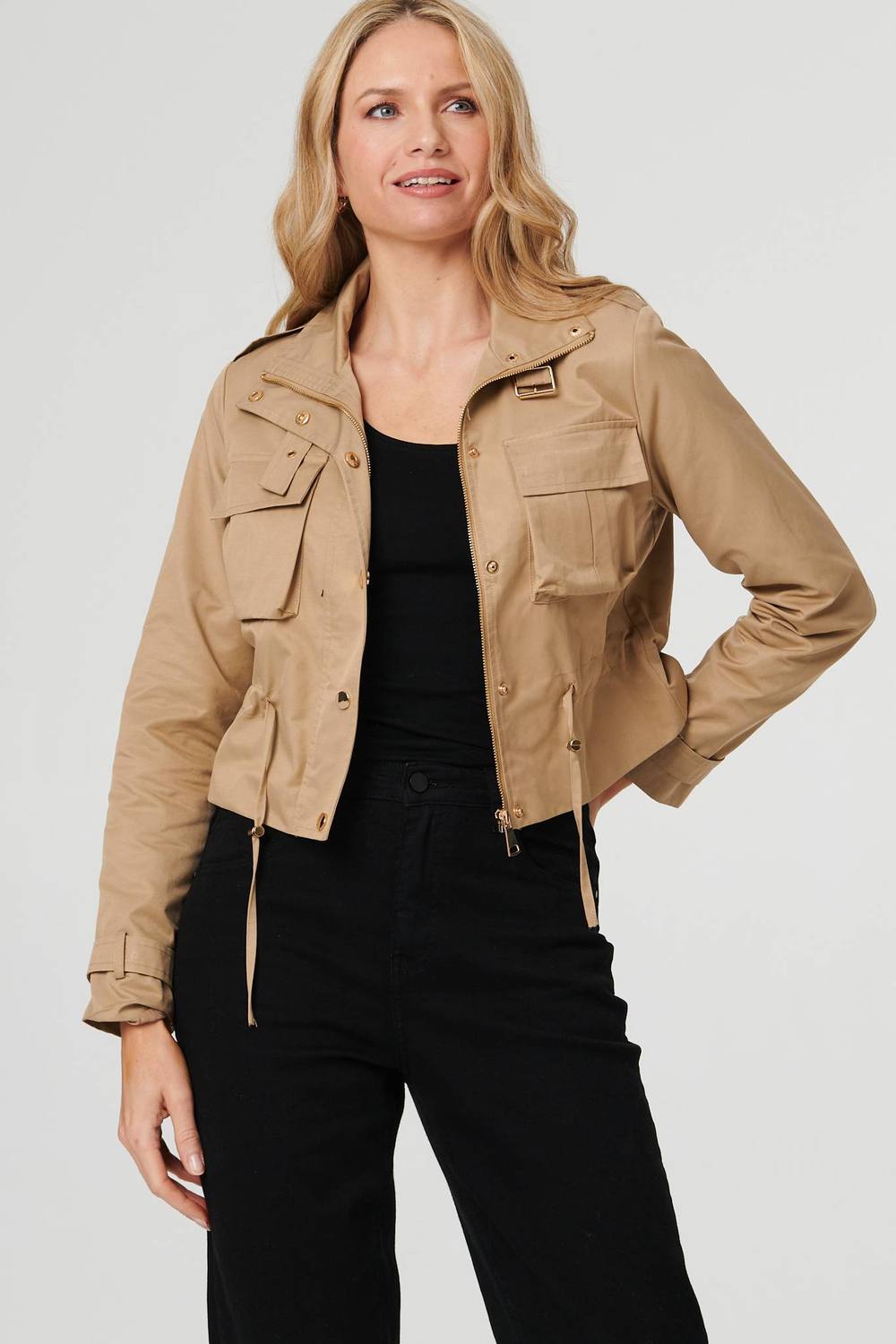 Izabel London Buckled Pocket Detail Cropped Jacket In Beige