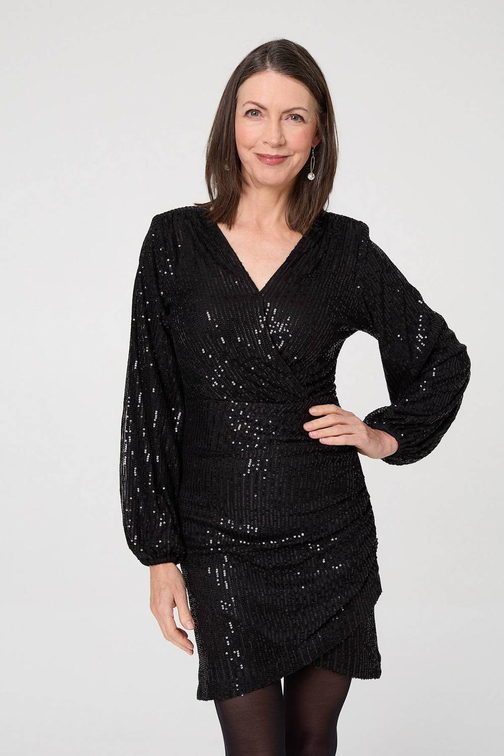 Izabel London Sequinned Long Sleeve Short Wrap Dress In Black