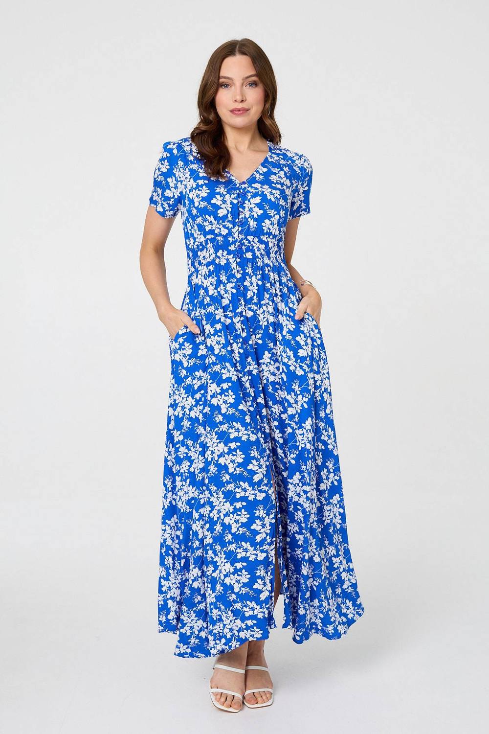 Izabel London Ditsy Floral Shirred V-Neck Maxi Dress In Blue