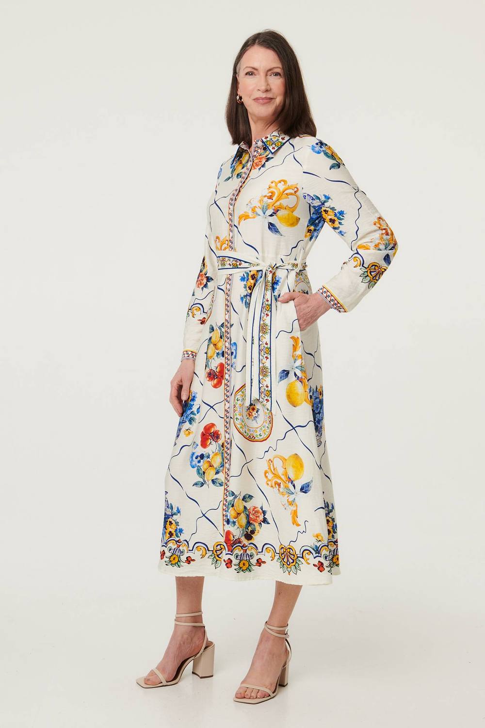 Izabel London Printed Long Sleeve Maxi Shirt Dress In Beige
