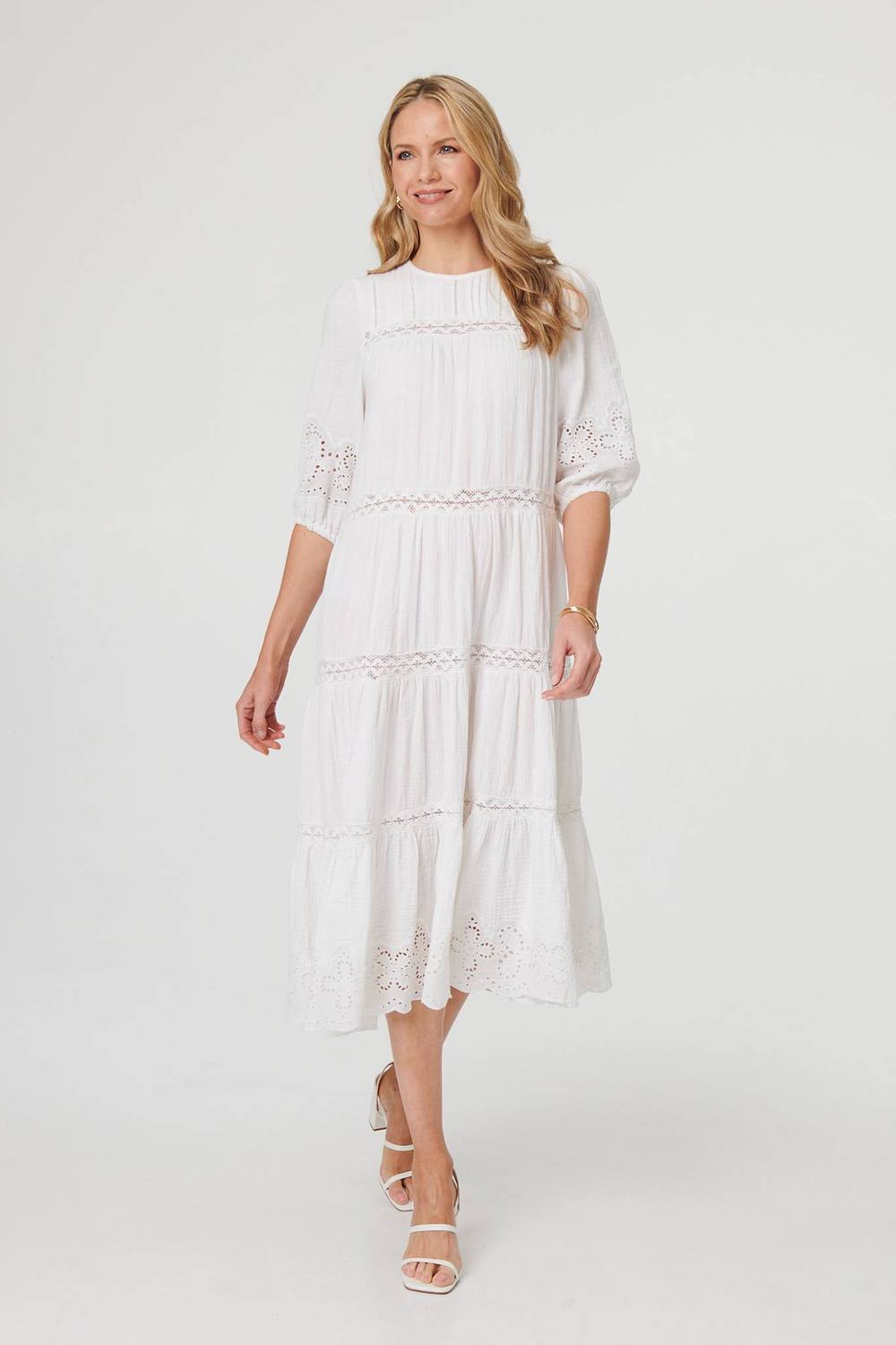 Izabel London Broderie Anglaise Trim Tiered Midi Dress In White