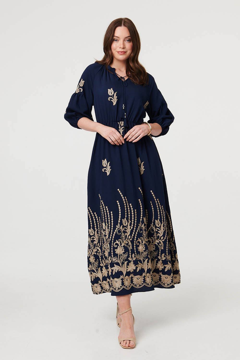 Izabel London Floral Embroidered Sleeve Maxi Dress In Navy