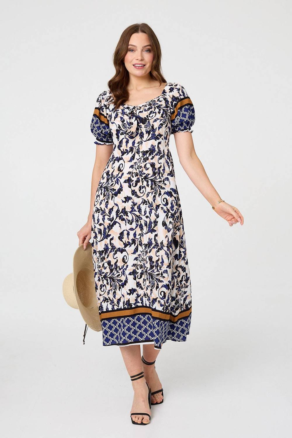 Izabel London Floral Border Puff Sleeve Midi Dress In Navy