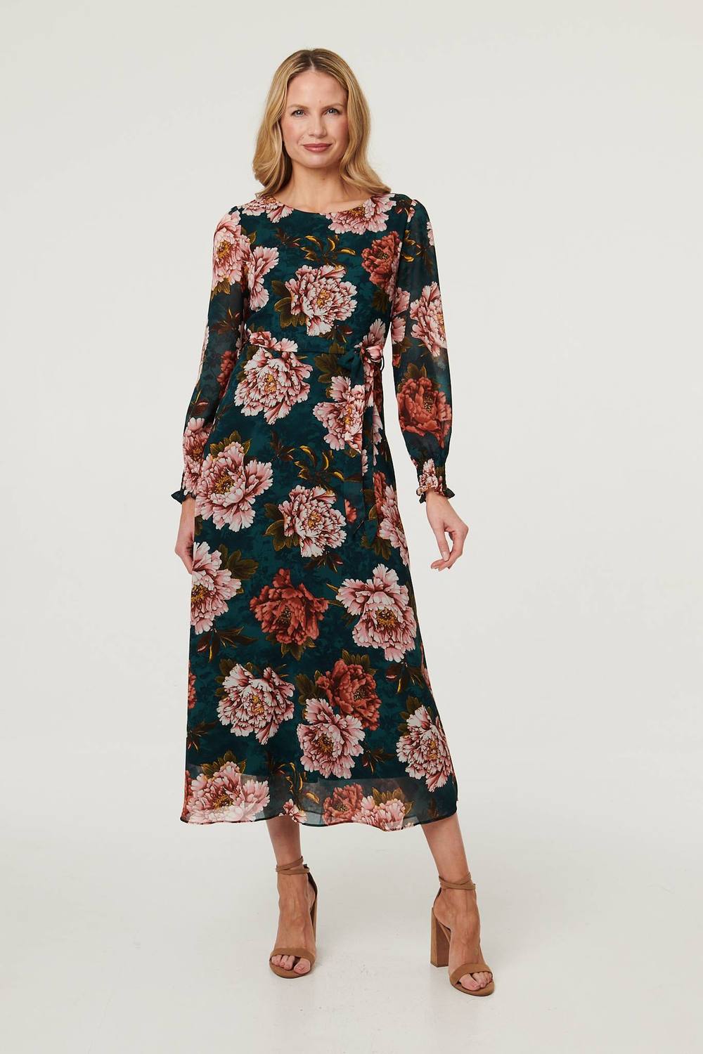 Izabel London Floral Long Sleeve Layered Maxi Dress In Green
