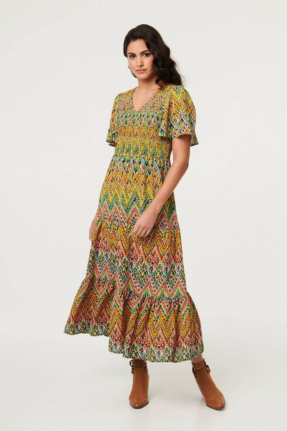 Izabel London Printed Angel Sleeve Tiered Midi Dress In Green