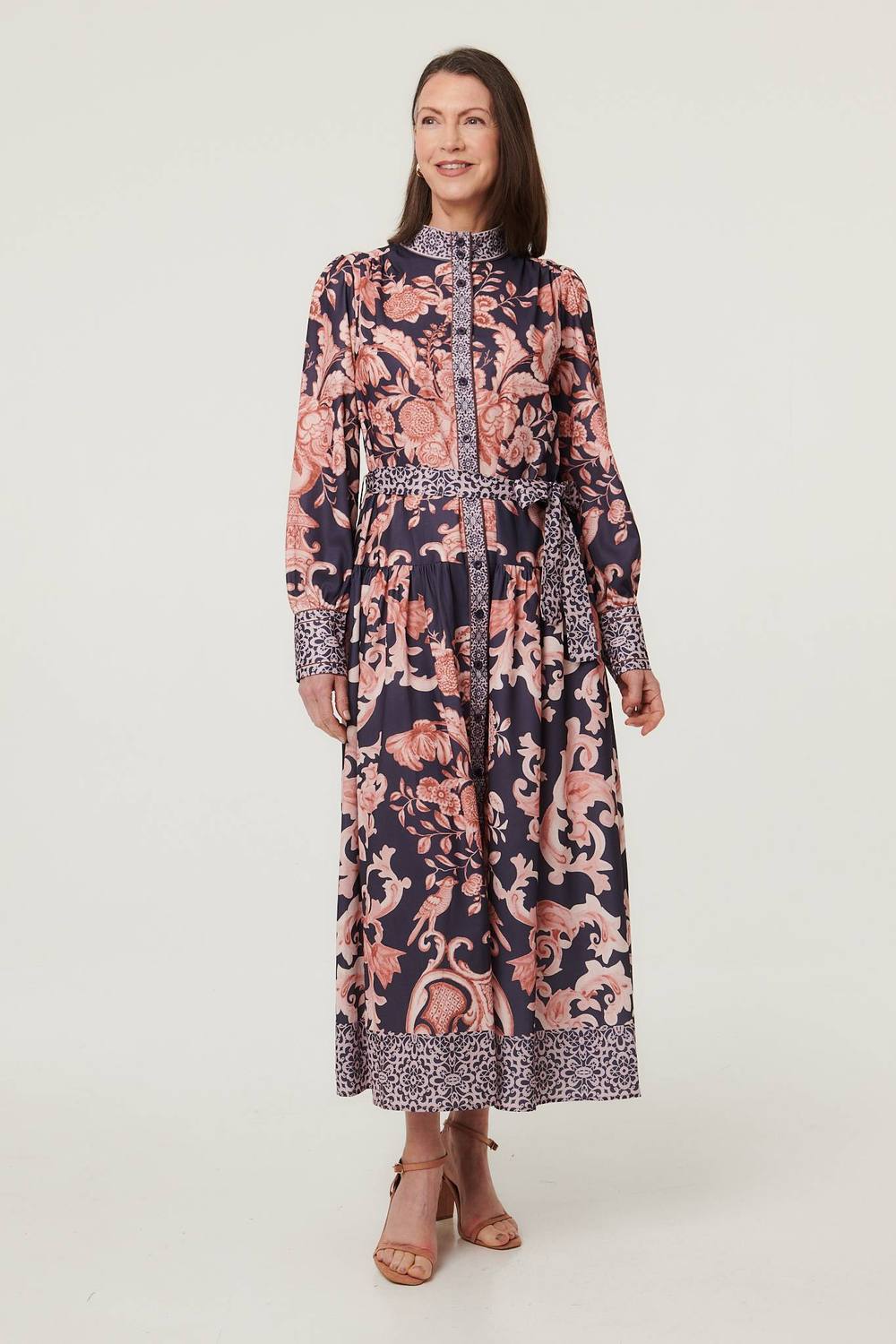 Izabel London Border Print High Neck Maxi Shirt Dress In Navy