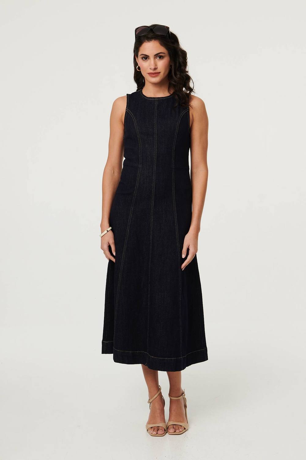 Izabel London Denim Stitch Detail Fitted Midi Dress In Navy