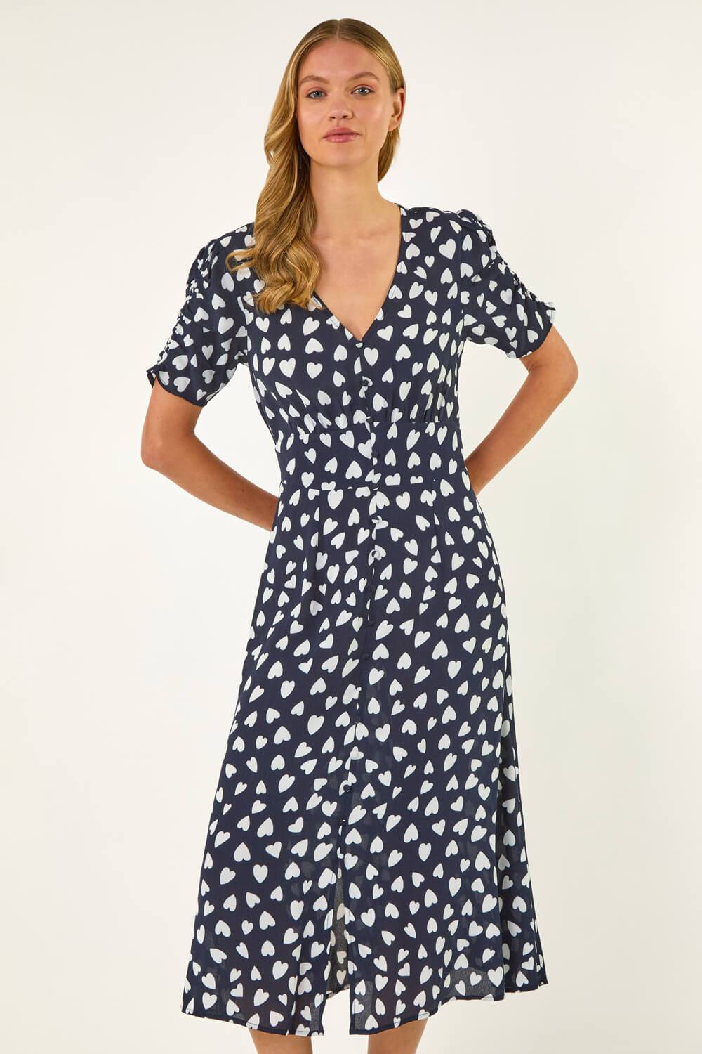 Roman Heart Print Ruched Midi Dress In Navy