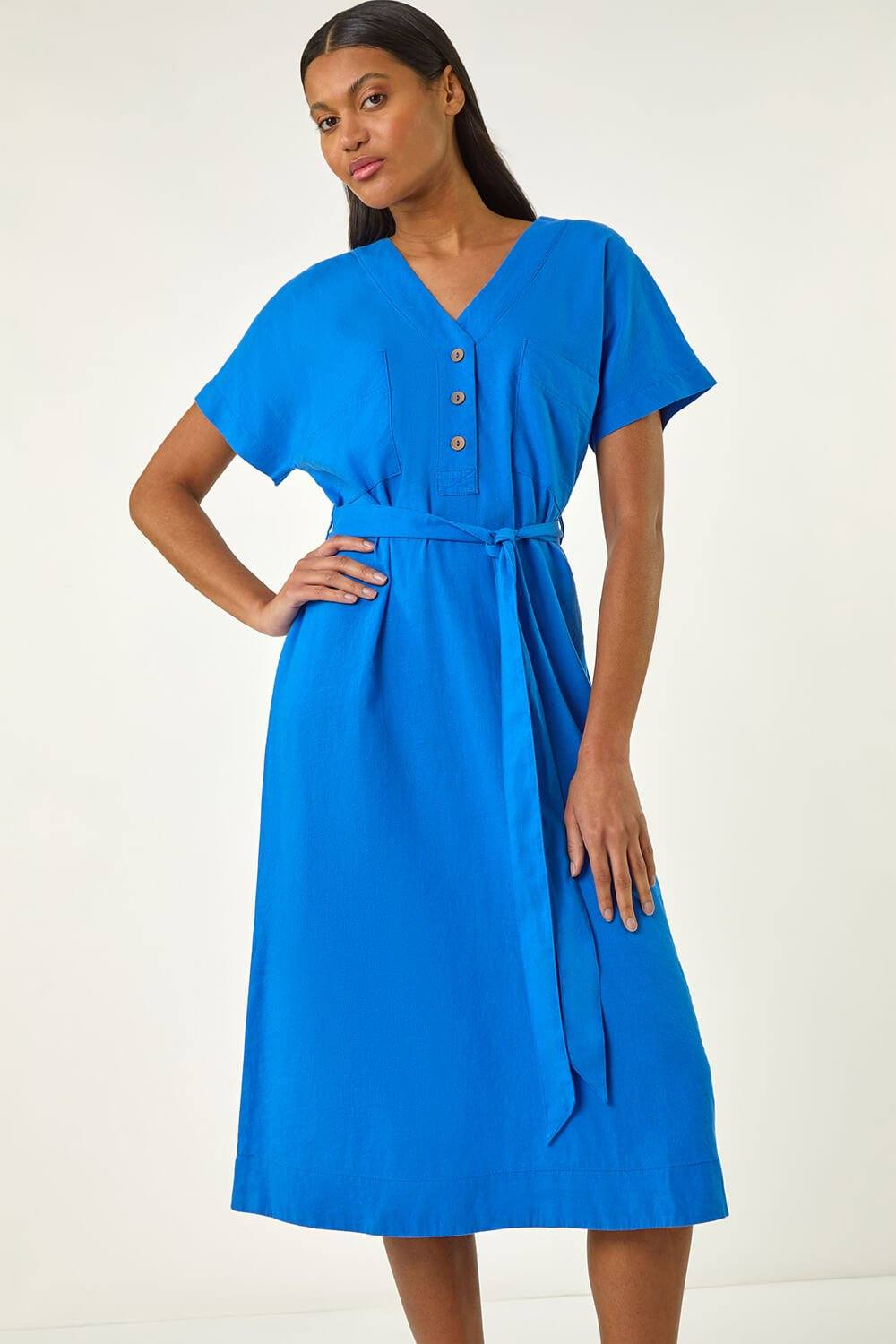 Roman Button Linen Mix Midi Dress In Royal