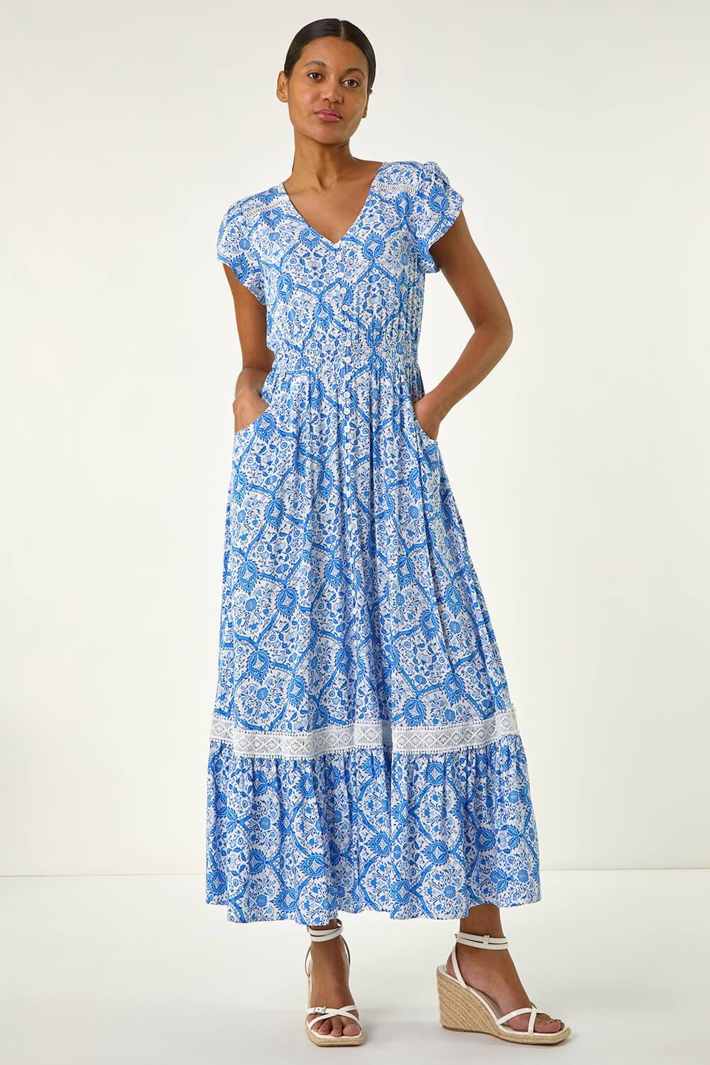 Roman Tile Print Shirred Waist Maxi Dress In Light Blue