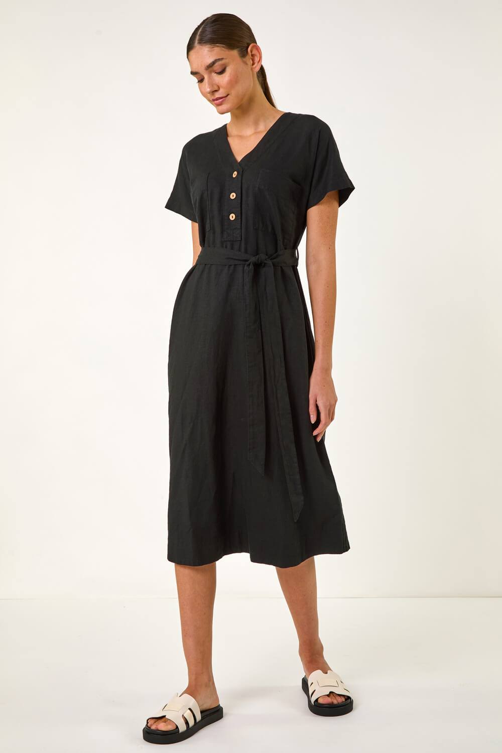 Roman Button Linen Mix Midi Dress In Black