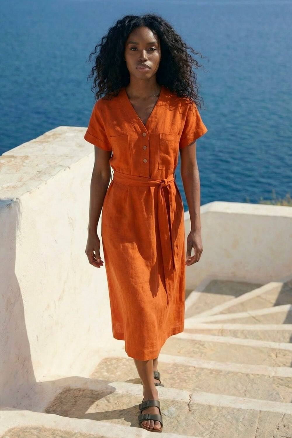 Roman Button Linen Mix Midi Dress In Orange