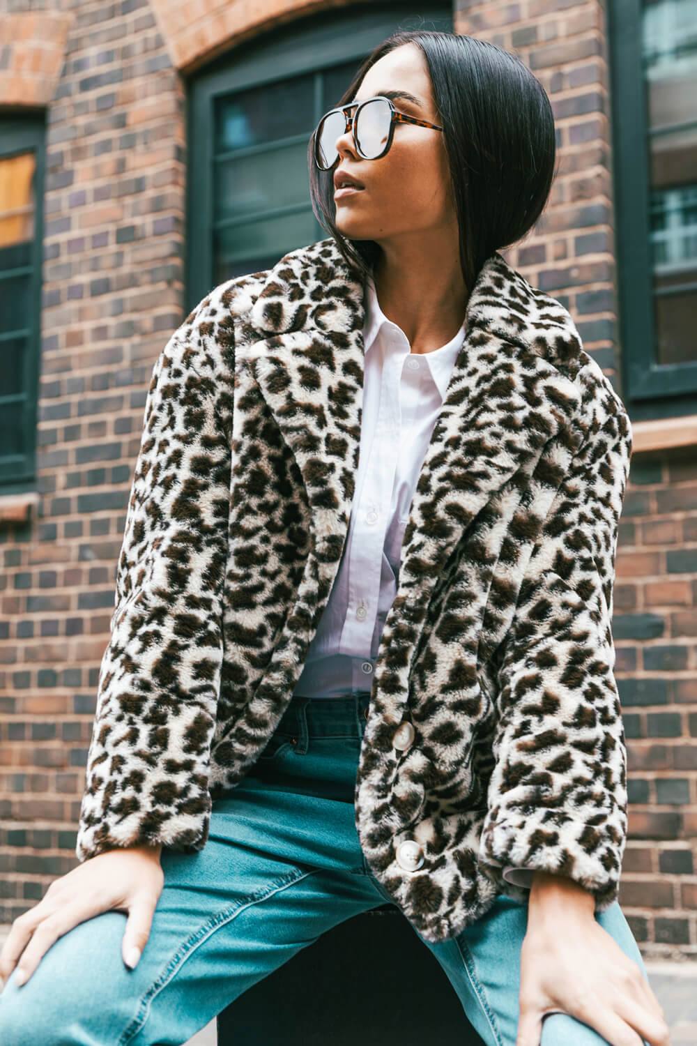 Roman Petite Leopard Fur Coat In Beige