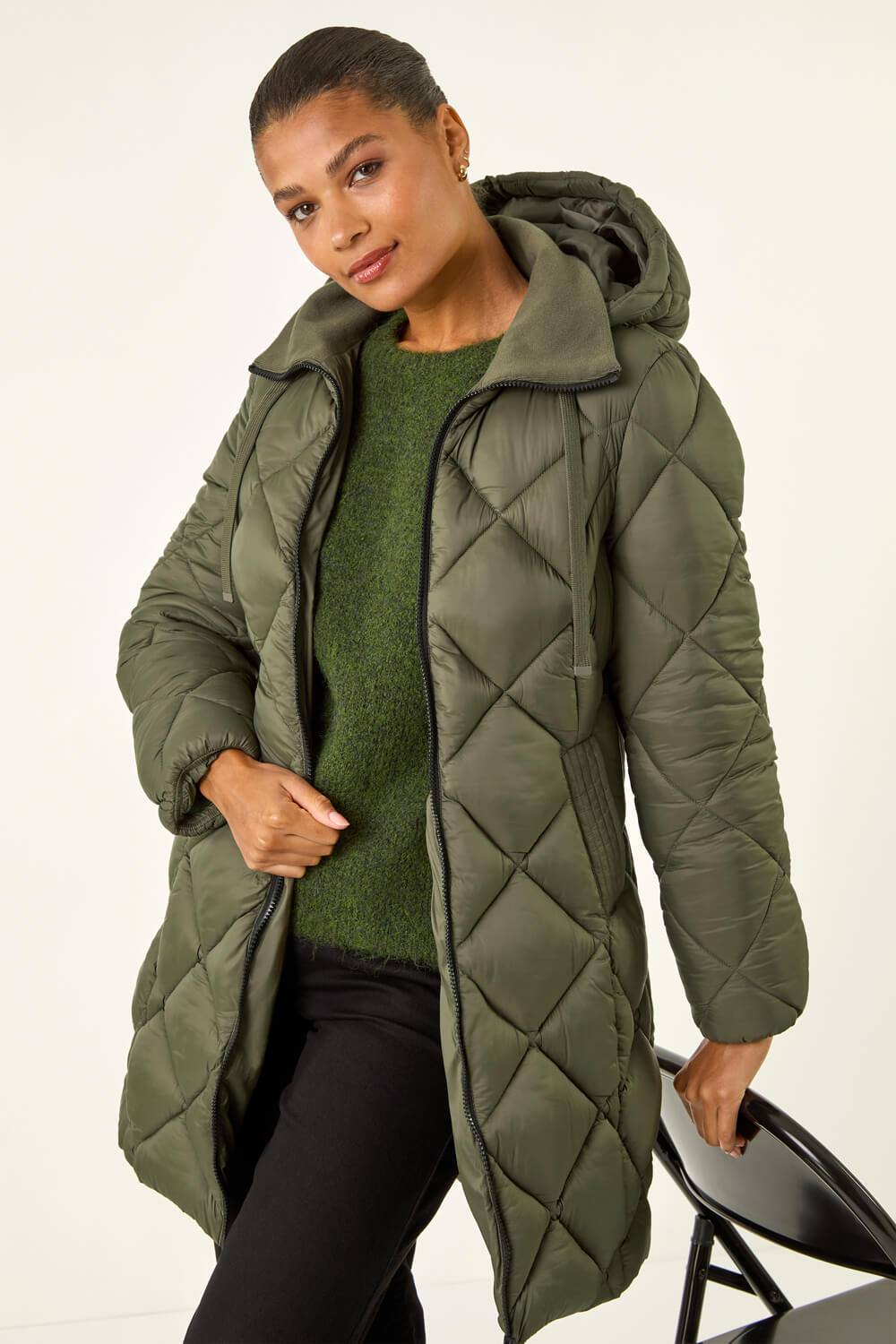 Roman Diamond Quilt Padded Coat In Khaki