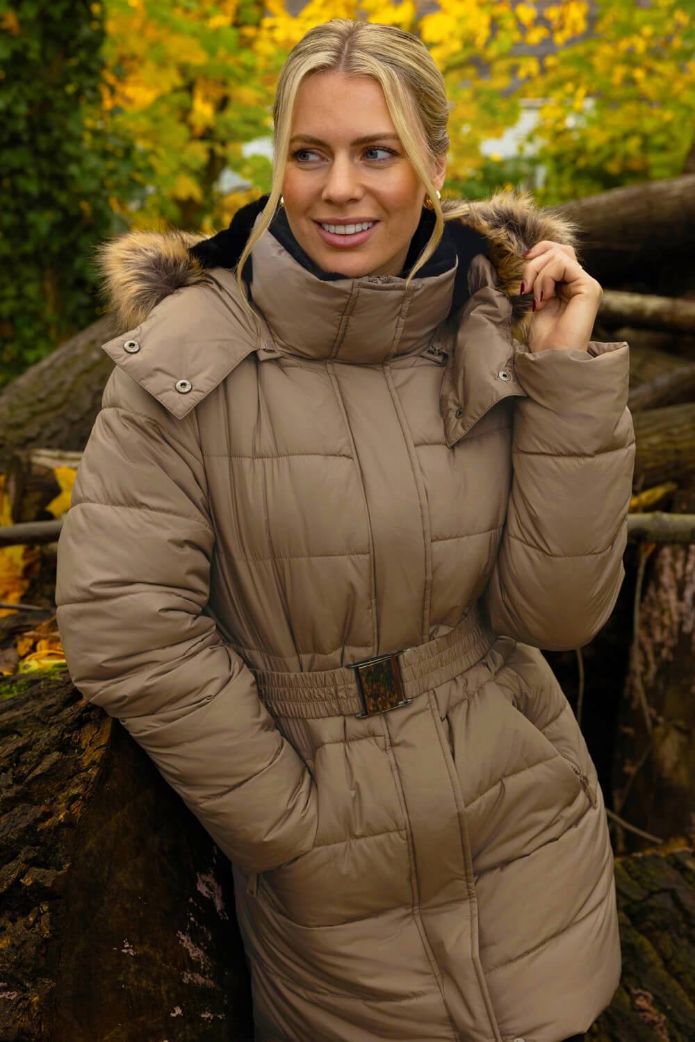 Roman Faux Fur Padded Belt Coat In Taupe