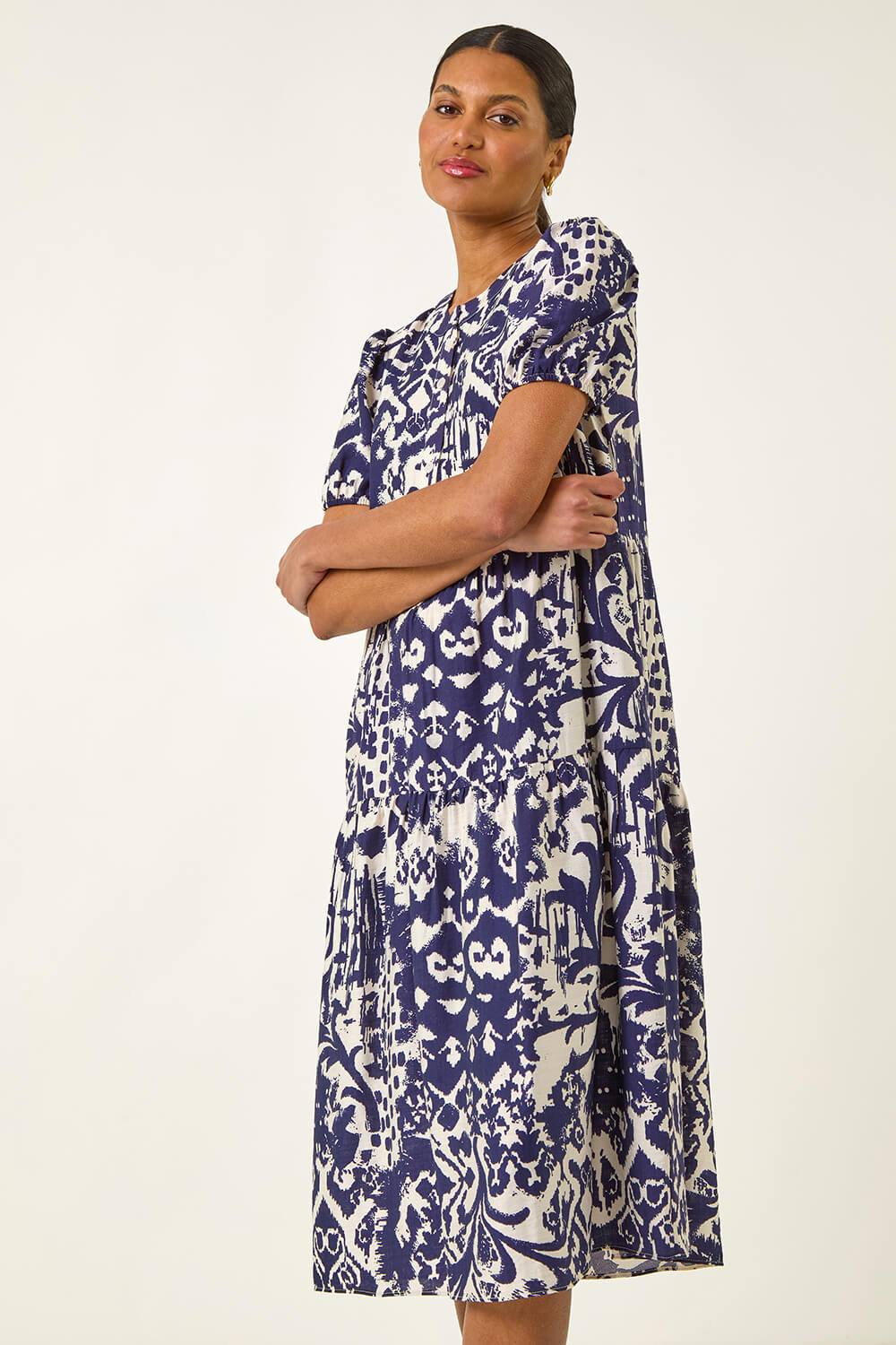 Roman Abstract Print Midi Shirt Dress In Blue