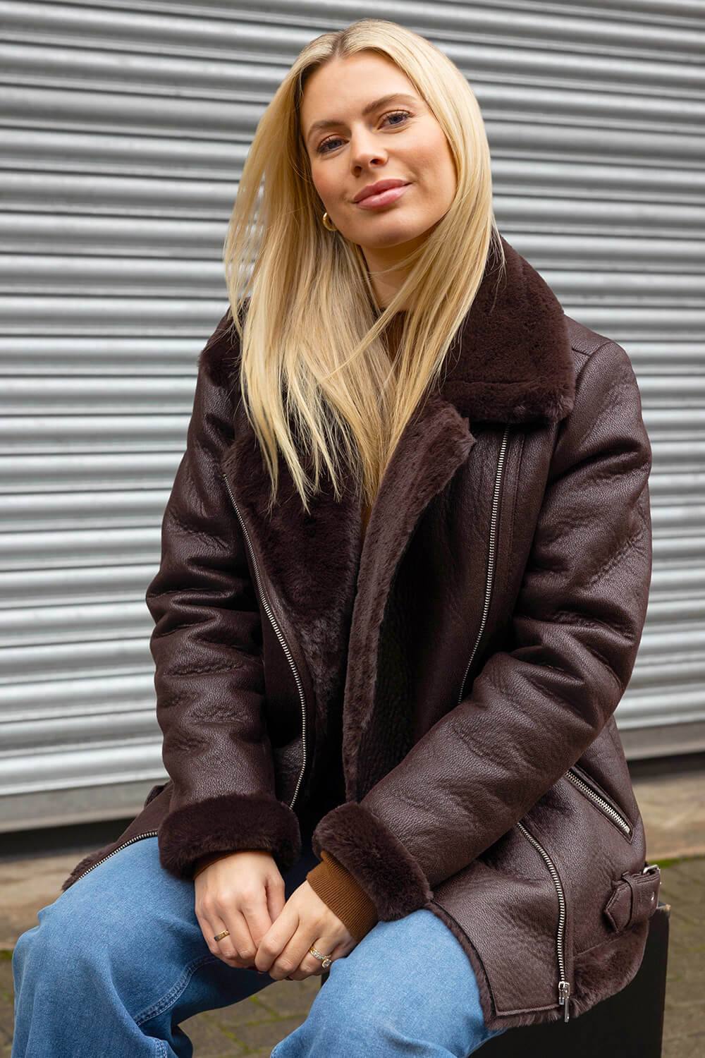 Roman Faux Fur Aviator Jacket In Chocolate