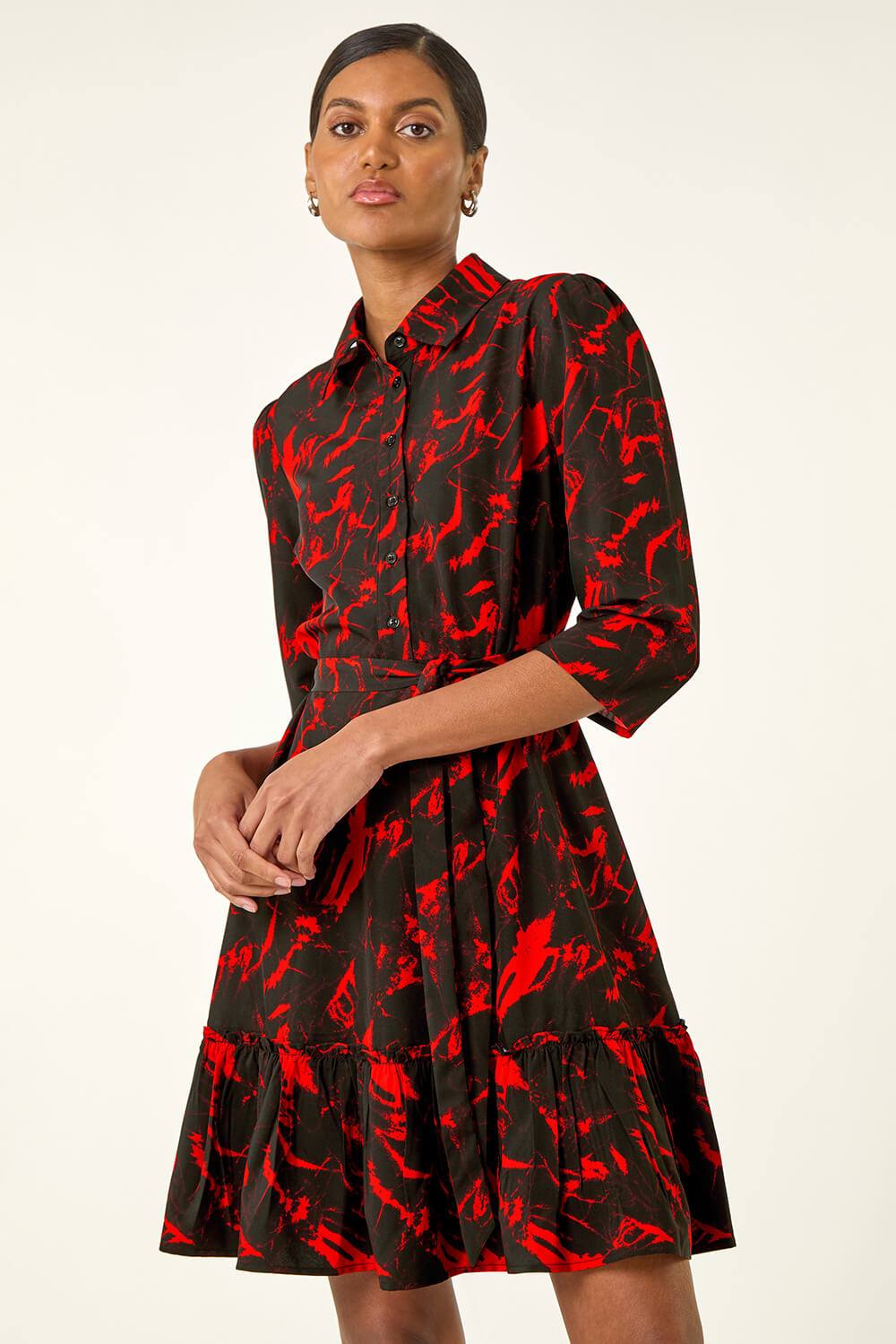 Roman Abstract Print Tie Waist Shirt Dress In Red