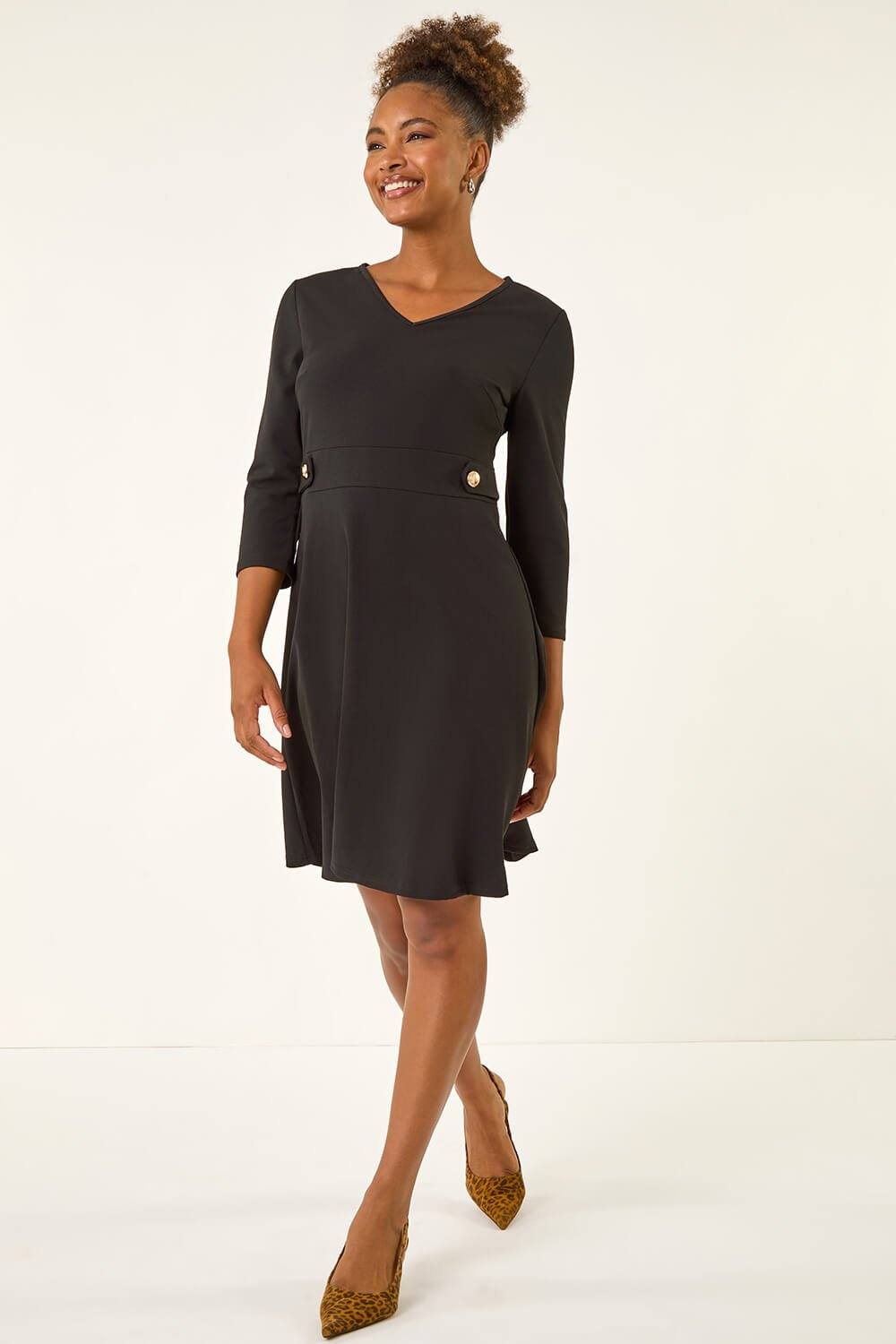 Roman V-Neck Buttoned Stretch Dress In Black