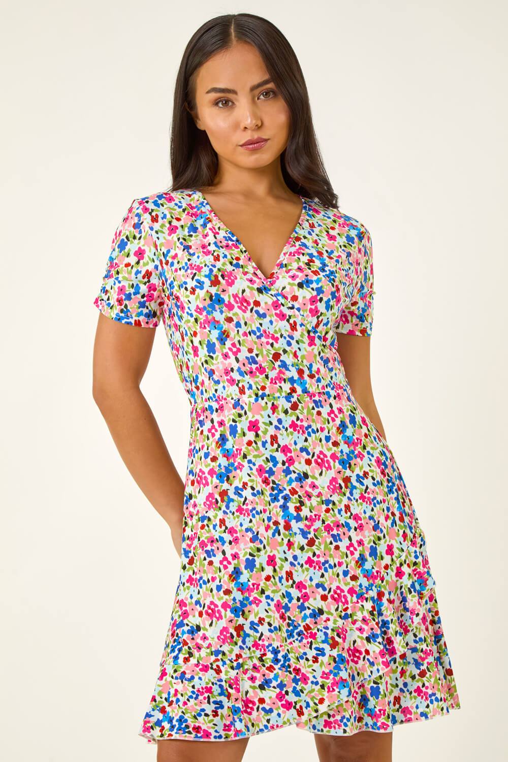 Roman Petite Floral Frill Wrap Dress In Blue