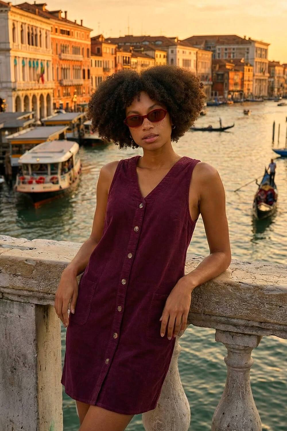 Roman Cotton V-Neck Button Pocket Dress In Red