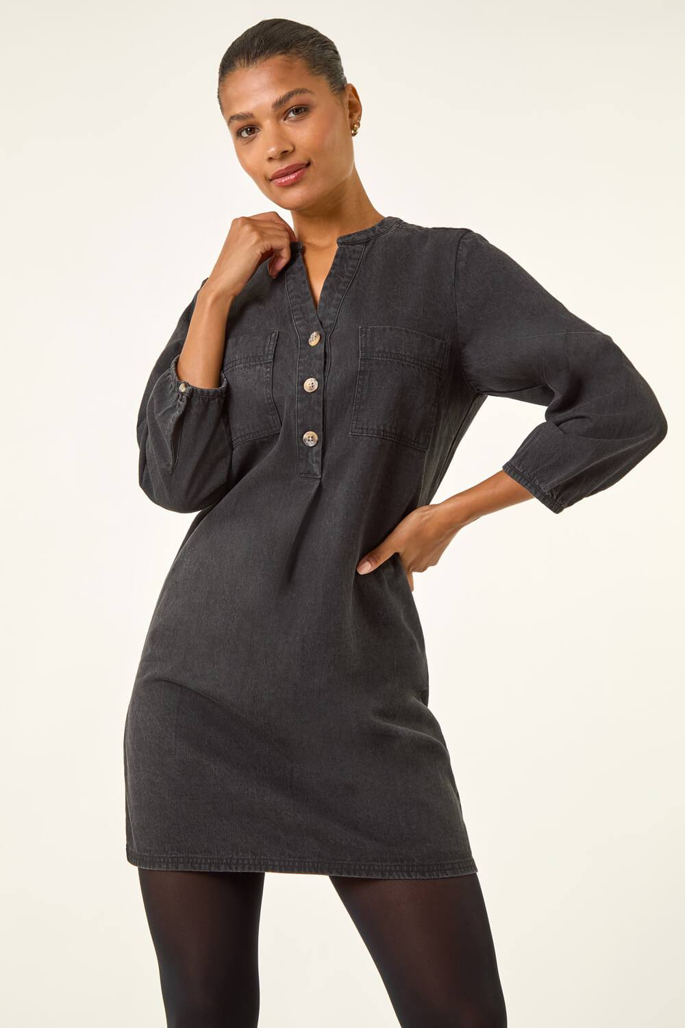 Roman Cotton Denim Button Shift Dress In Black