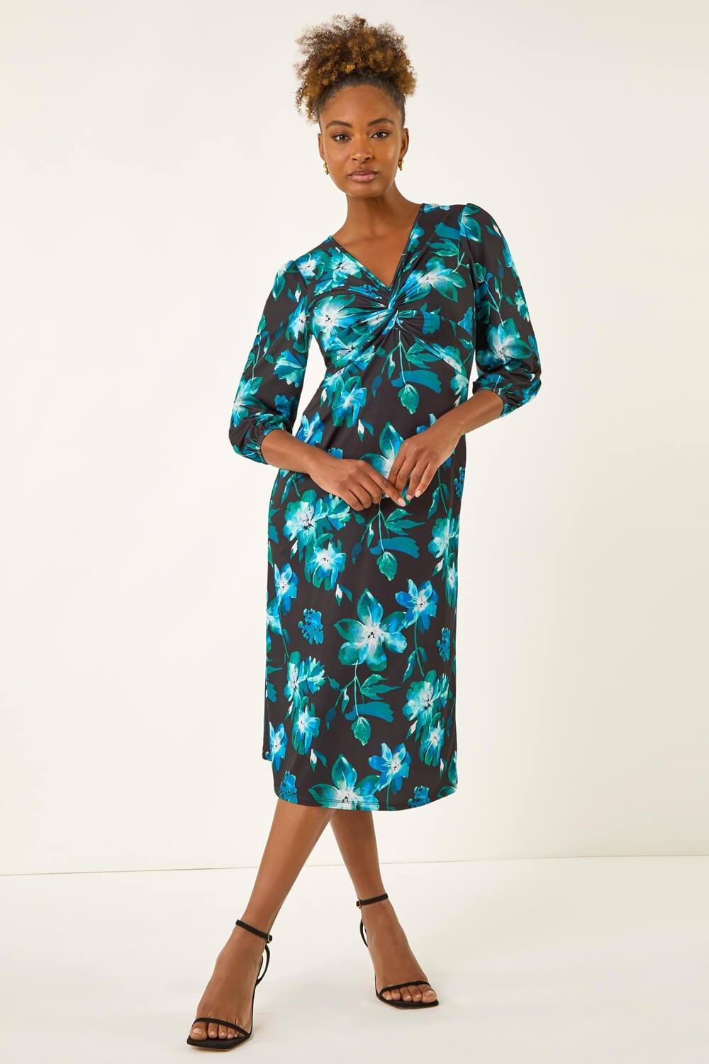 Roman Floral Twist Front Midi Dress In Blue