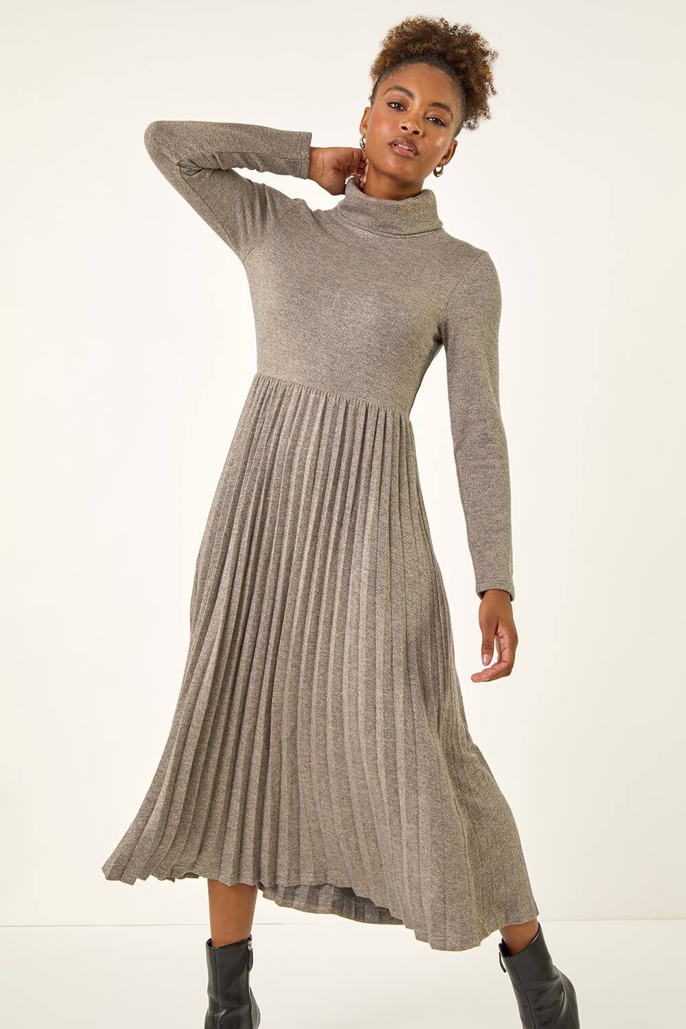 Roman High Neck Pleated Midi Dress In Grey