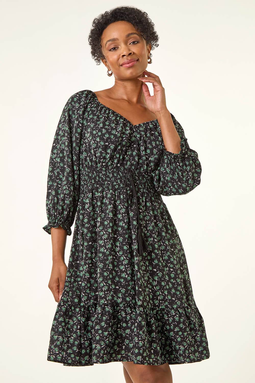 Roman Petite Floral Frill Dress In Black