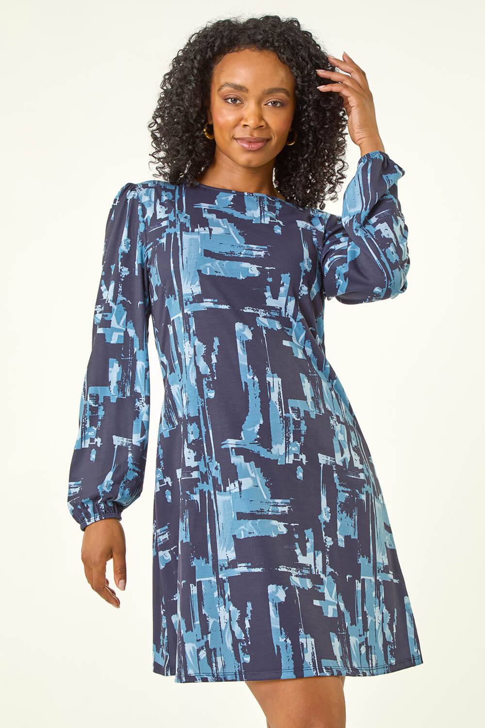 Roman Petite Abstract Swing Dress In Blue