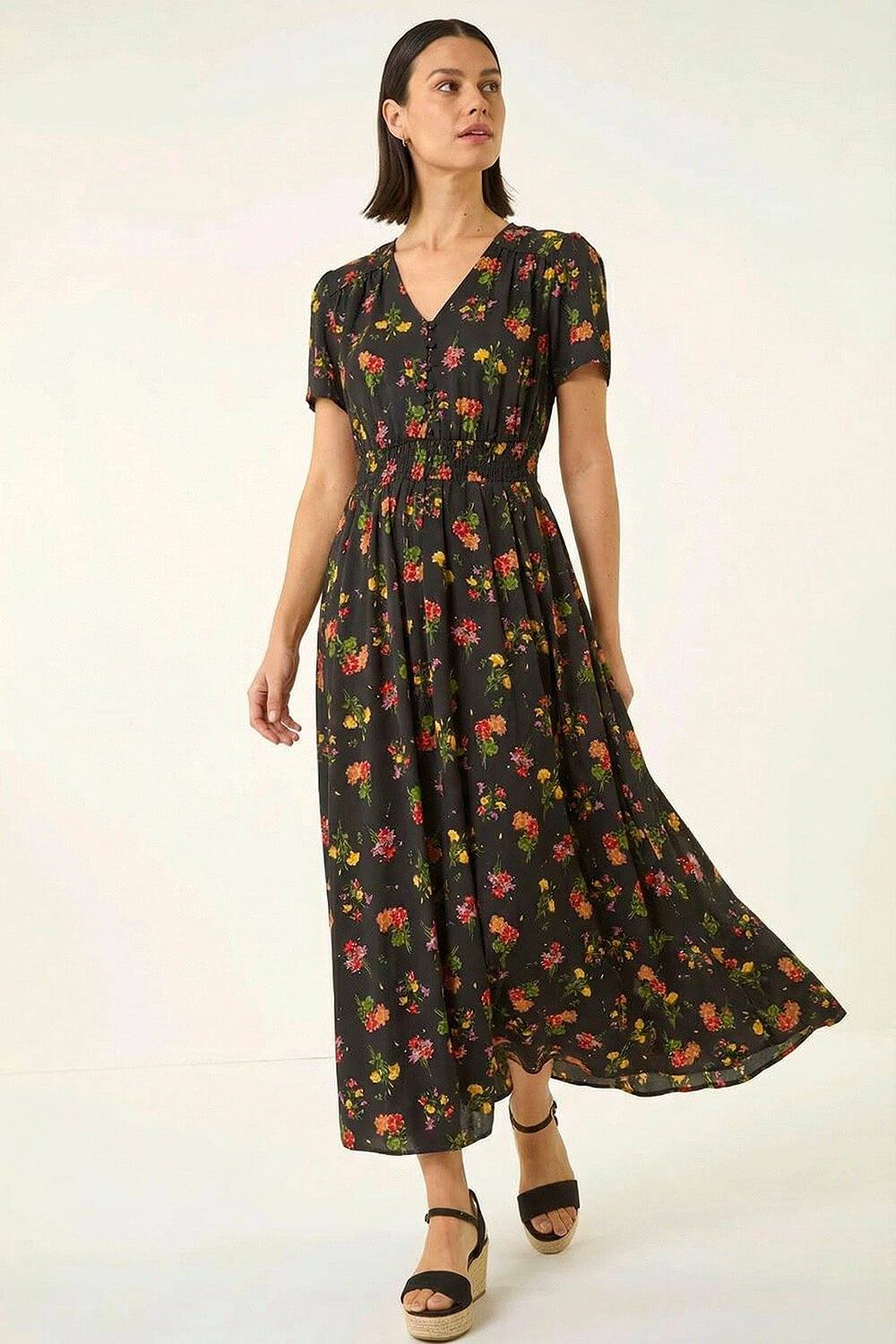 Roman Floral Print Buttoned Midi Dress In Black