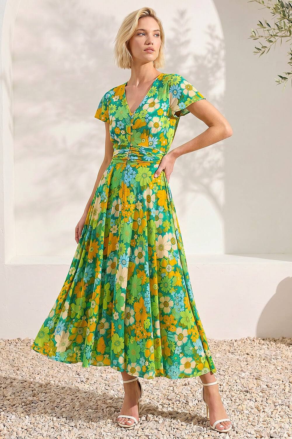 Roman Floral Ruched Midi Dress In Yellow
