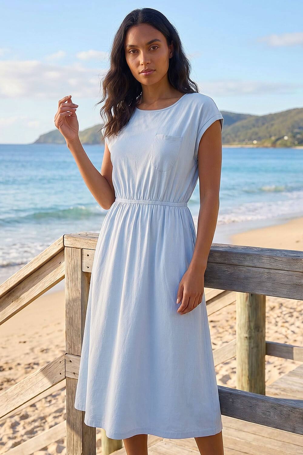 Roman Shirt Pocket Detail Midi Dress In Light Blue
