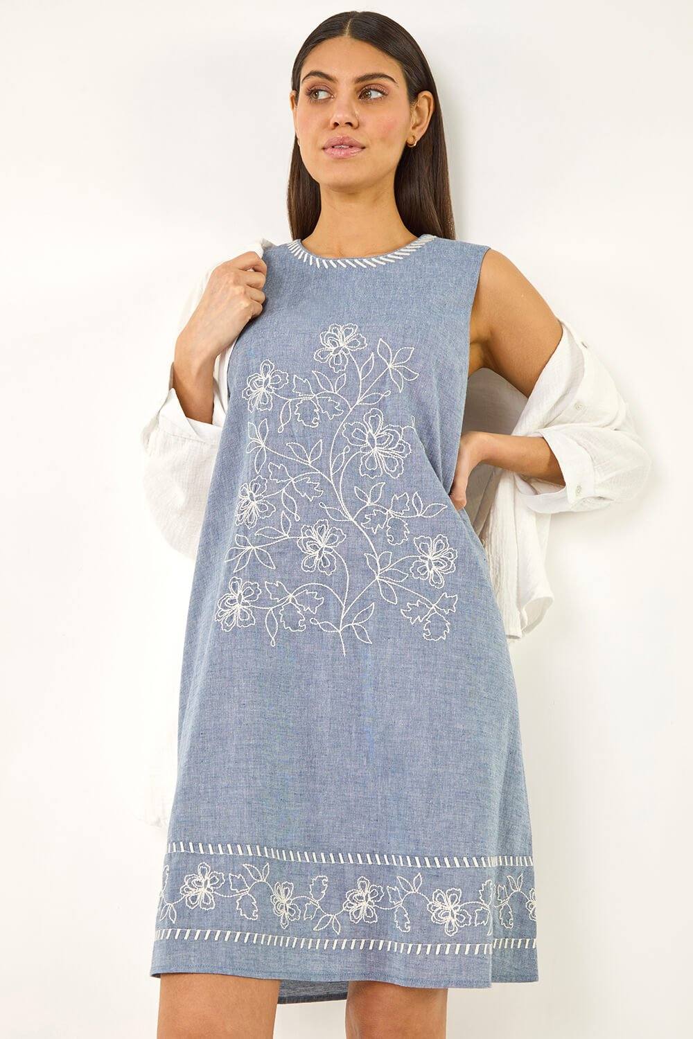 Roman Embroidered Swing Mini Dress In Mid Blue