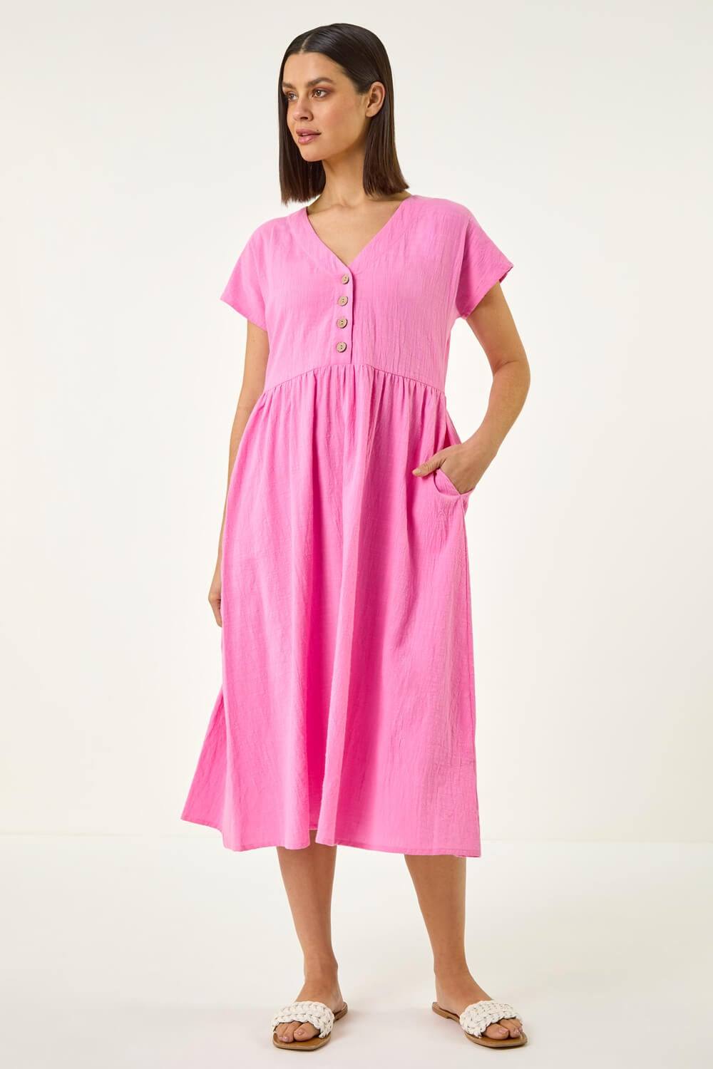 Roman Linen Look Button Midi Dress In Pink