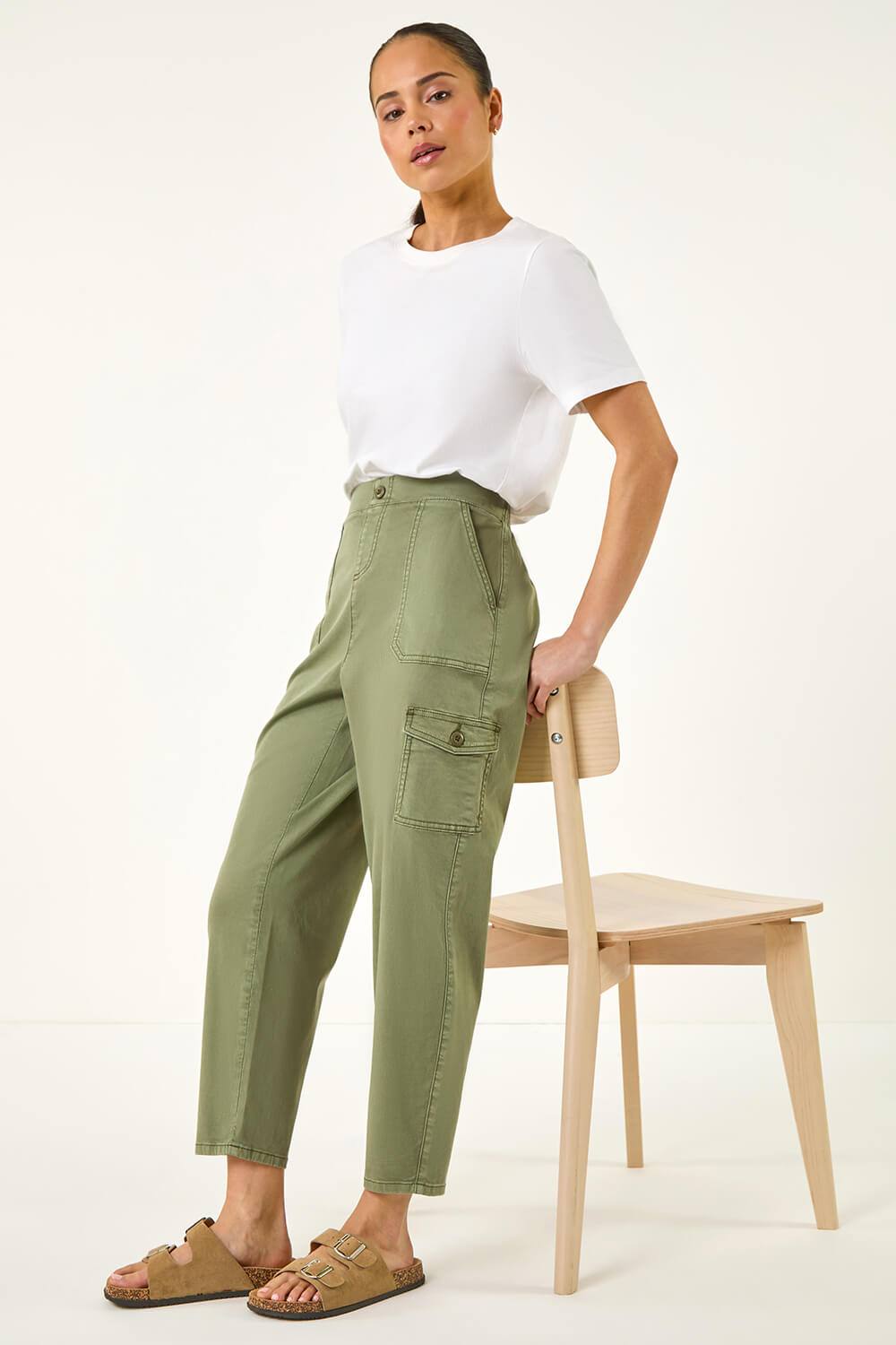 Roman Petite Cotton Cargo Stretch Trousers In Dark Green