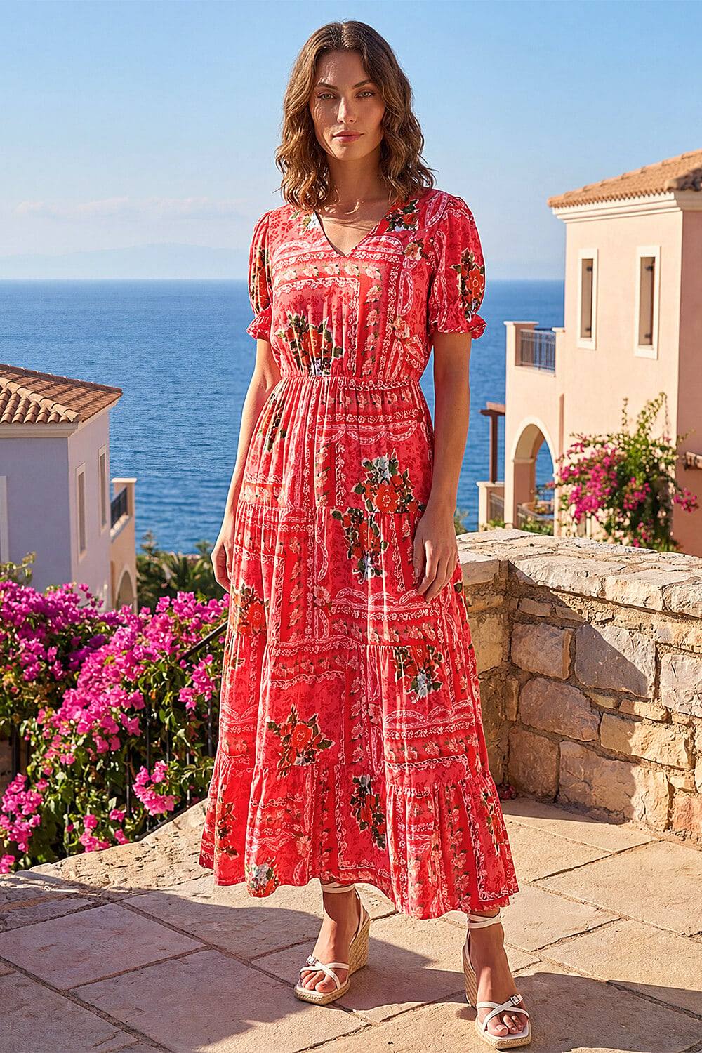 Roman Petite Abstract Print Midi Dress In Red