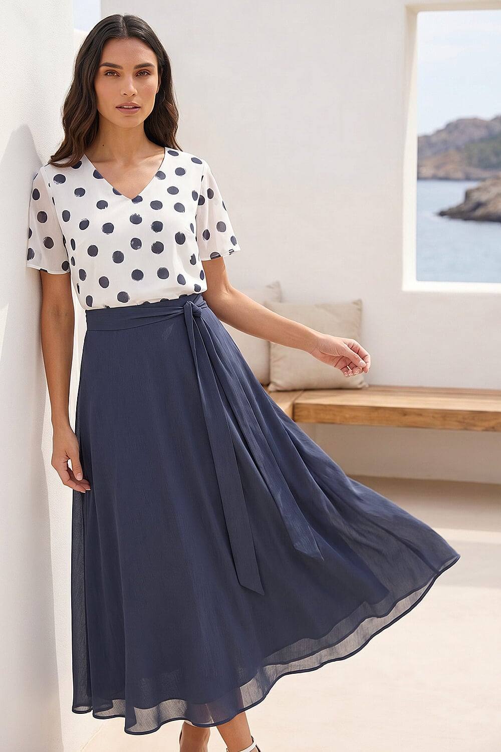 Roman Spot Contrast Midi Dress In Navy