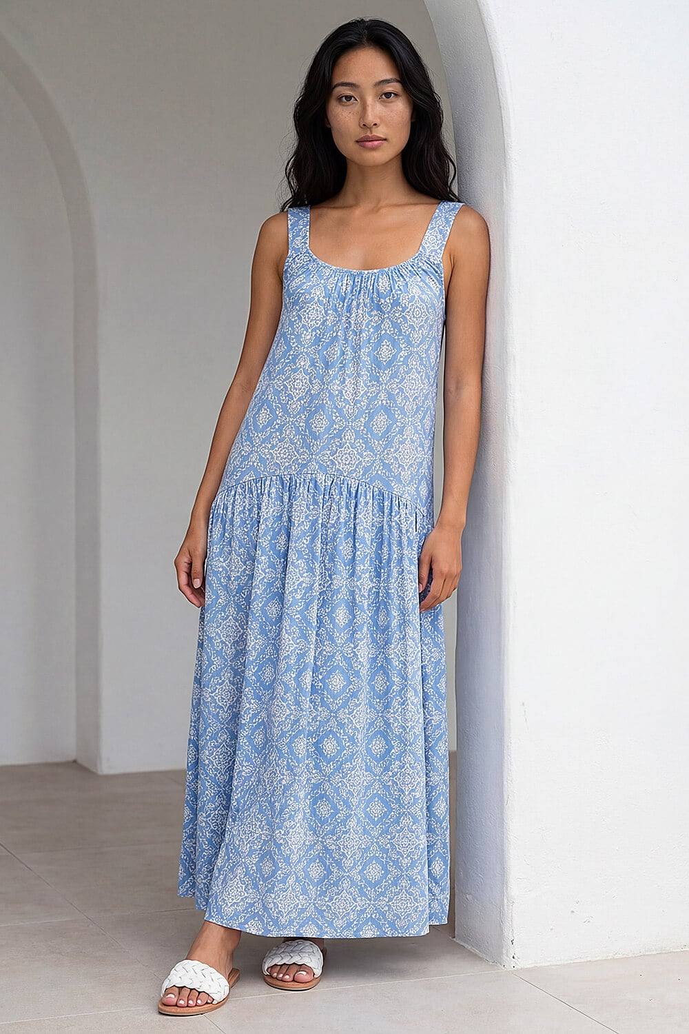 Roman Petite Tile Print Gathered Dress In Blue