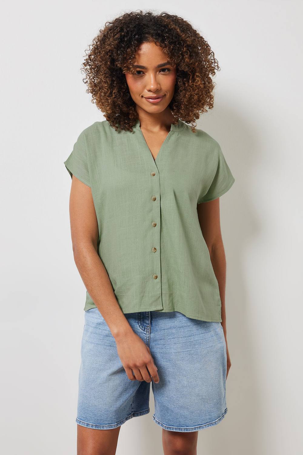 M&co Button Through Linen Blouse In Light Green