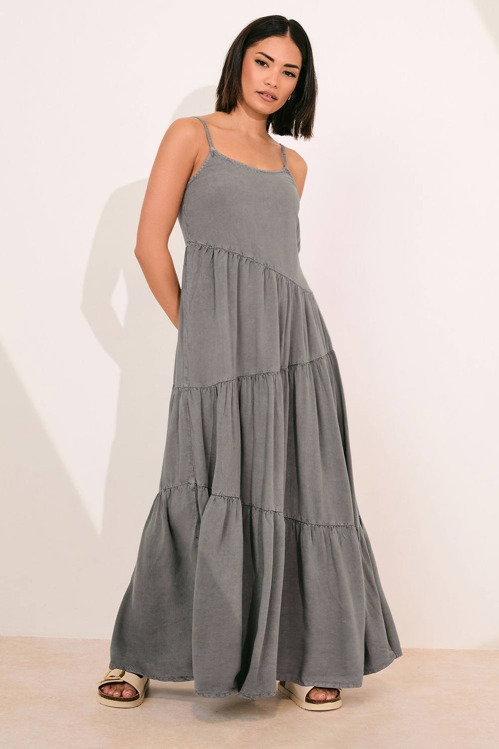Pixiegirl Petite Acid Wash Asymmetric Dress In Grey