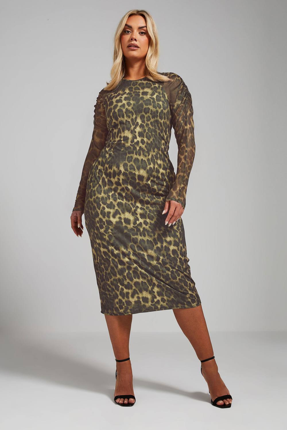 Yours Printed Ruched Sleeve Midi Dress In Brown