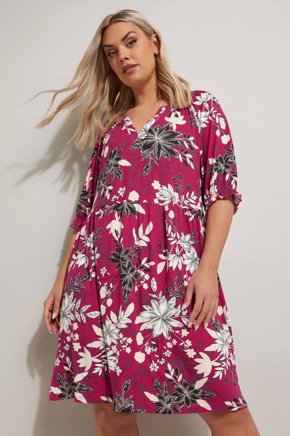 Yours Floral Print Notch Neck Mini Dress In Pink