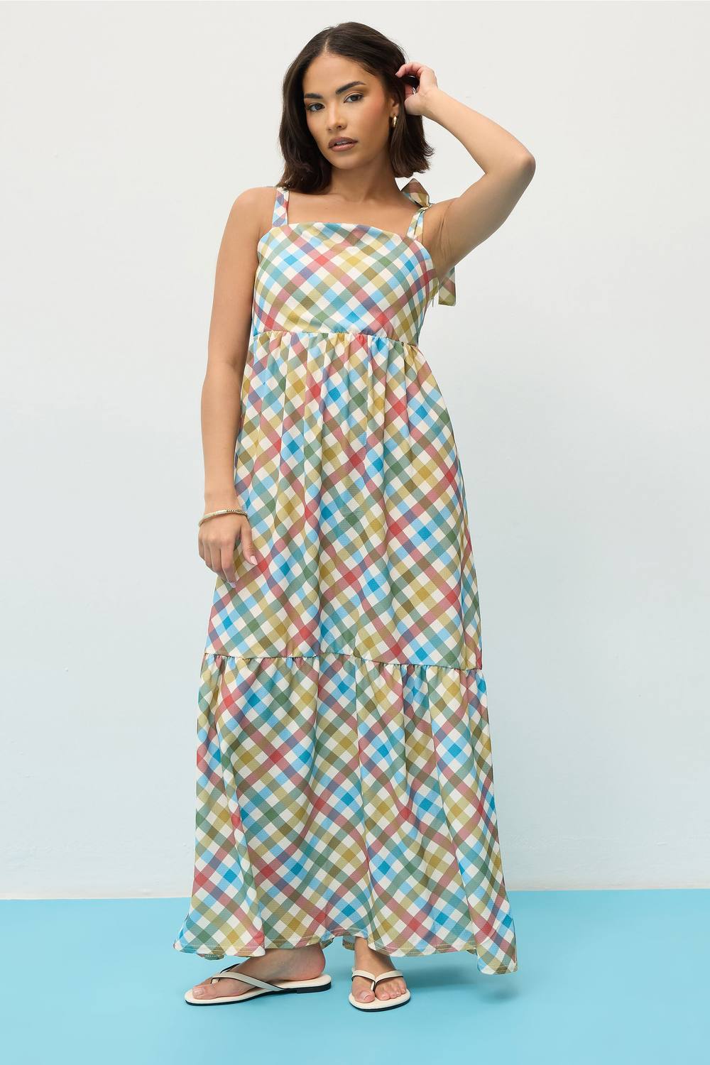 Pixiegirl Petite Gingham Tie Shoulder Maxi Dress In Red