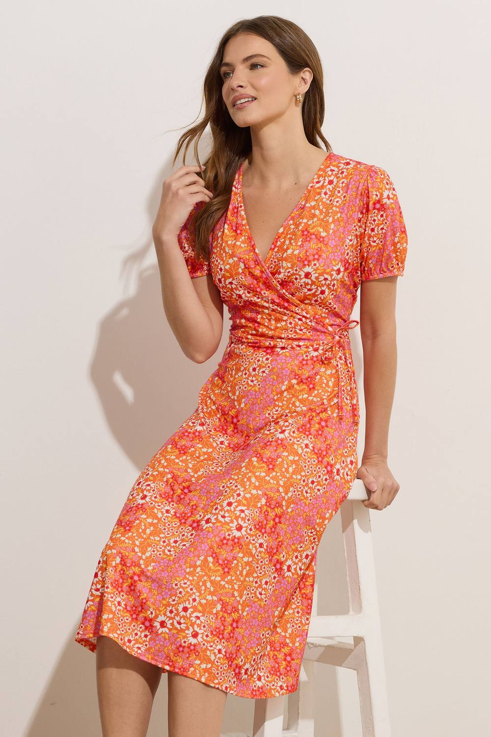 M&co Ditsy Floral Wrap Dress In Orange